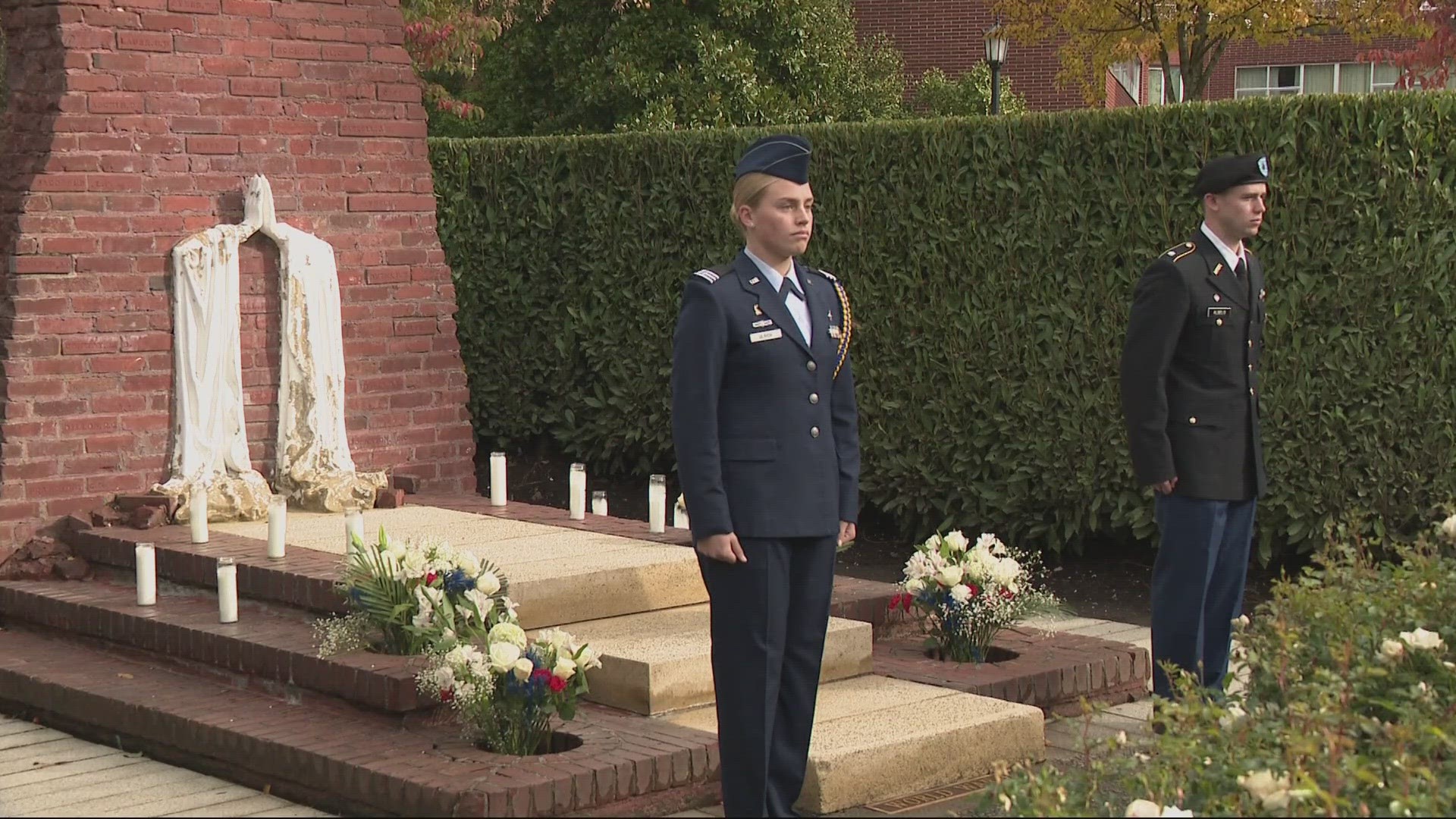 Army and Air Force ROTC cadets are standing watch for 24 hours at the university’s Praying Hands Memorial.